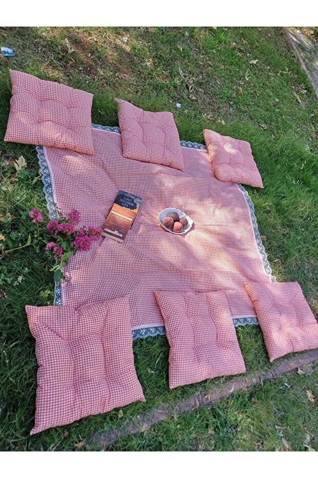 Çok Amaçlı Turuncu Piknik Örtü Seti 6 Adet 40x40 Minder 170x170 Masa Örtüsü